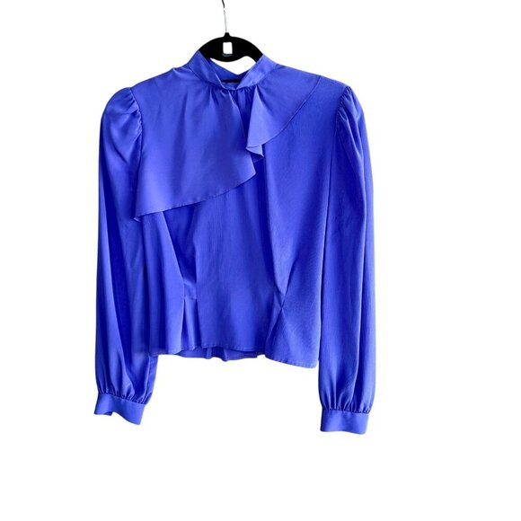 Vintage 80s Purple High Neck Ruffle Modest Secretary Blouse Size 5 Puffy Sleeves - Picture 2 of 9